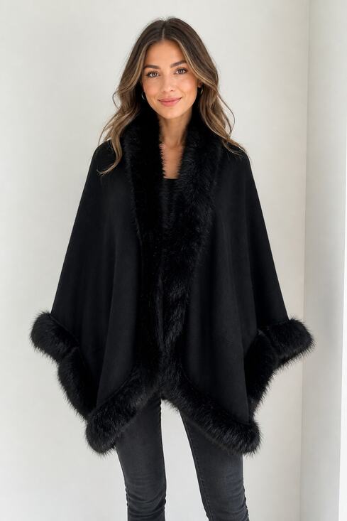 Sioni Jackets & Blazers - Sioni L/XL Black Faux Fur Trimmed Cape Poncho
